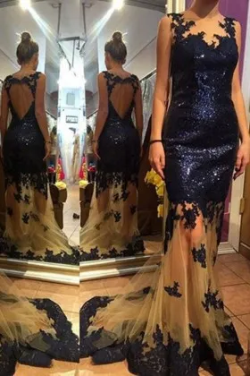 Navy Sequin Jagged Lace Sheer Tulle Long Prom Dress