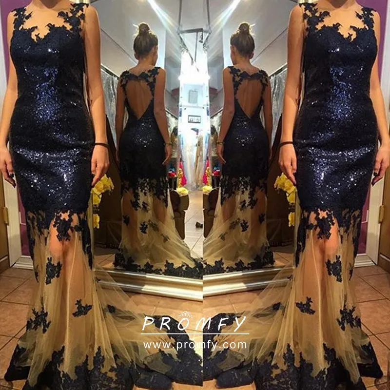 Ivory Sequin Sheer Navy Tulle Strapless Customized Prom Dress