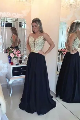 Beaded Gold Lace Bodice Black Satin Long Prom Dress