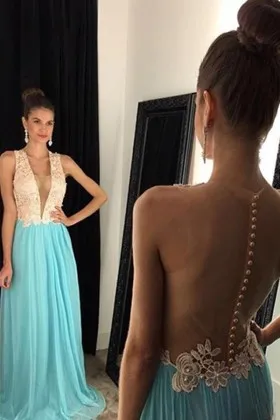 nude pink lace blue chiffon sheer back prom party dress