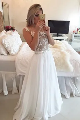 illusion neck cap sleeve white lace chiffon prom dress