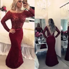 burgundy lace off shoulder long sleeve prom dress