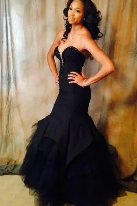strapless black satin tulle trumpet prom dress