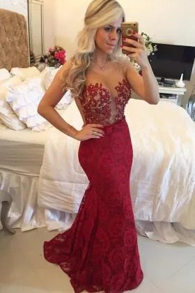 wine red lace sheer bodice mermaid sexy prom dress