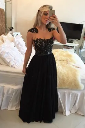 black illusion lace chiffon cap sleeve prom dress