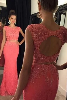 beaded coral lace two piece open back prom dress