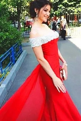 off shoulder lace hem bright red satin prom dress