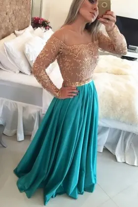 Nude Lace Top Turquoise Bottom Two tone Prom Gown
