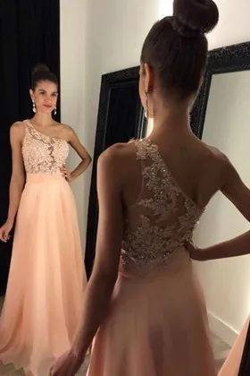 one shoulder peach pink lace chiffon prom dress