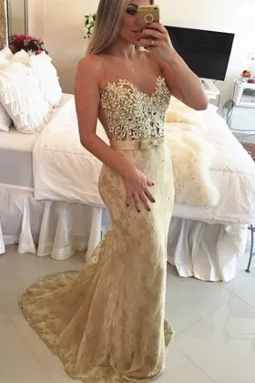 illusion sweetheart champagne mermaid prom dress