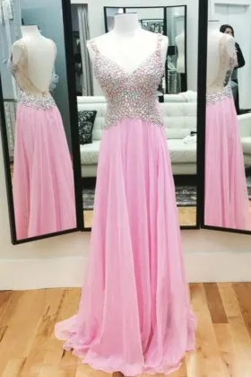 crystals beaded bodice candy pink chiffon prom gown