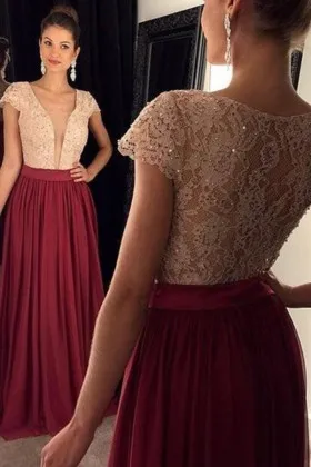 Cap Sleeve Nude Pink Top Sangria Bottom Prom Gown