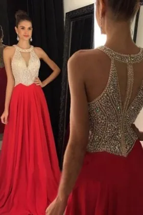 Sparkly Beaded Bodice Red A line Formal Prom Dress