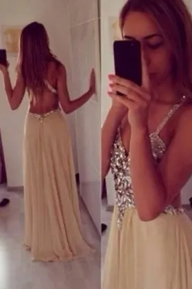 beaded cut out bodice champagne chiffon prom dress