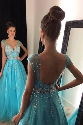 Beaded V neck Low Back Cap Sleeve Blue Prom Dress