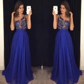beaded blue lace chiffon one shoulder prom dress