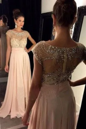 beaded illusion back nude pink chiffon prom dress