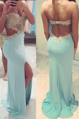 Low Back Cut out Slit Lace Spandex Prom Dress