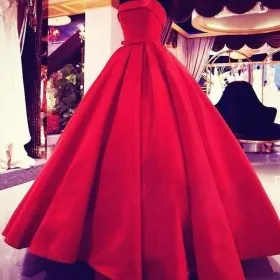 strapless thick red satin long ball gown prom dress