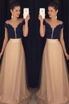 Beaded Navy Lace Nude Tulle Satin Long Formal Dress