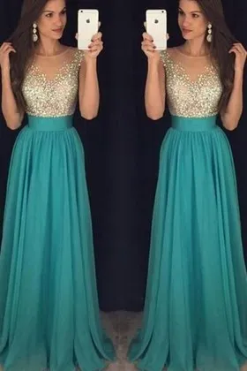 Illusion Neck Beaded Blue Chiffon Long Formal Dress