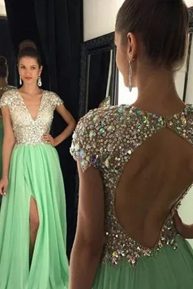 Diamond Beaded Open Back Light Green Prom Dress