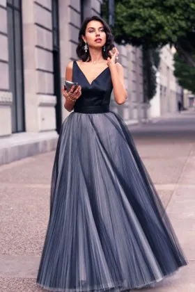 V neck black satin pleated charcoal tulle puffy prom gown