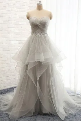 twisted strapless sweetheart light grey prom dress