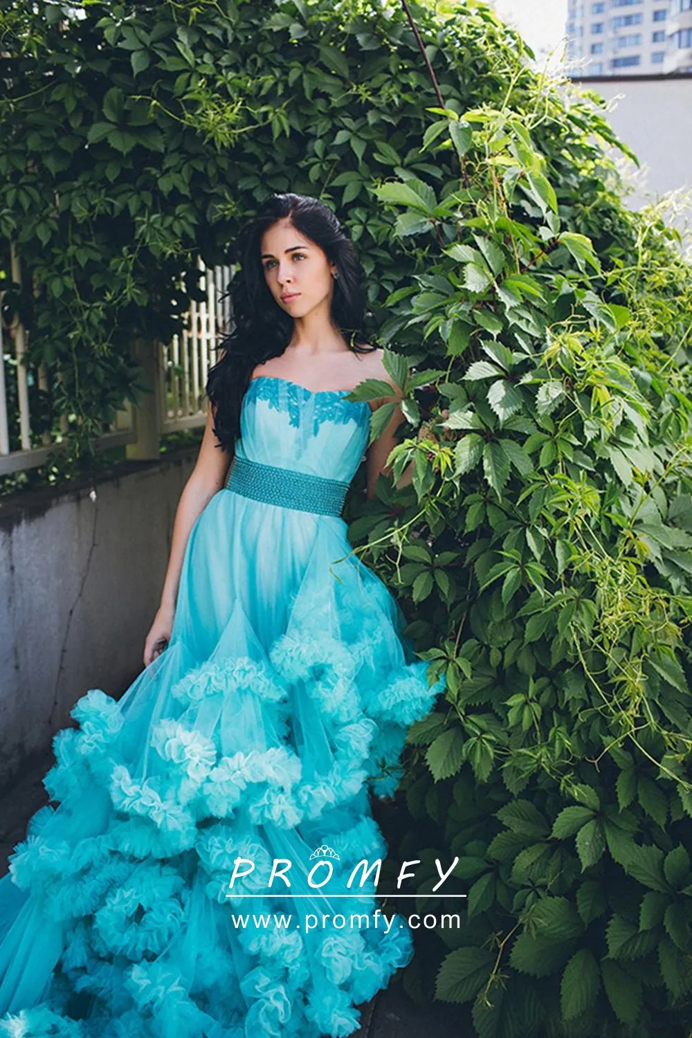 Ruffles Long Train Pool Blue Strapless Prom Dress - Promfy