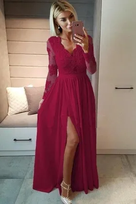 scalloped V neck berry red lace chiffon prom gown