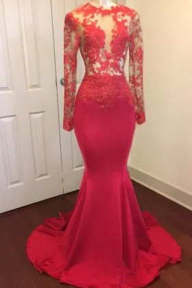 red lace satin long sleeve sheer bodice prom gown