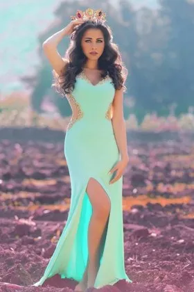 gold lace trim v neck cut out tiffany blue prom dress
