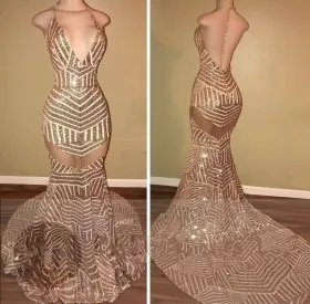 Flattering striped rose gold sequin sheer prom gown