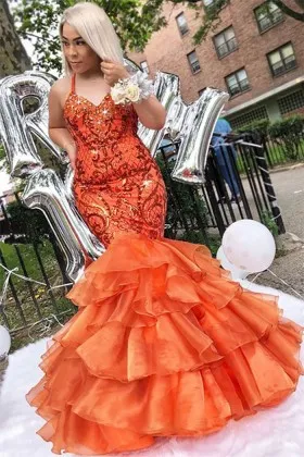 jacinth sequin and tiered organza mermaid long African American prom dress