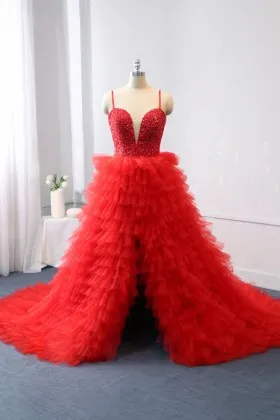 Alluring red beaded tiered tulle prom ball gown