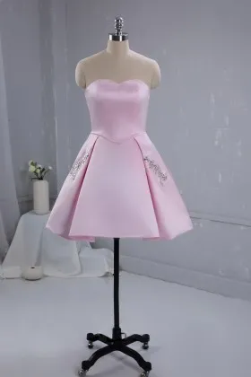 Pink satin short cute cocktail dress with beaded pockets