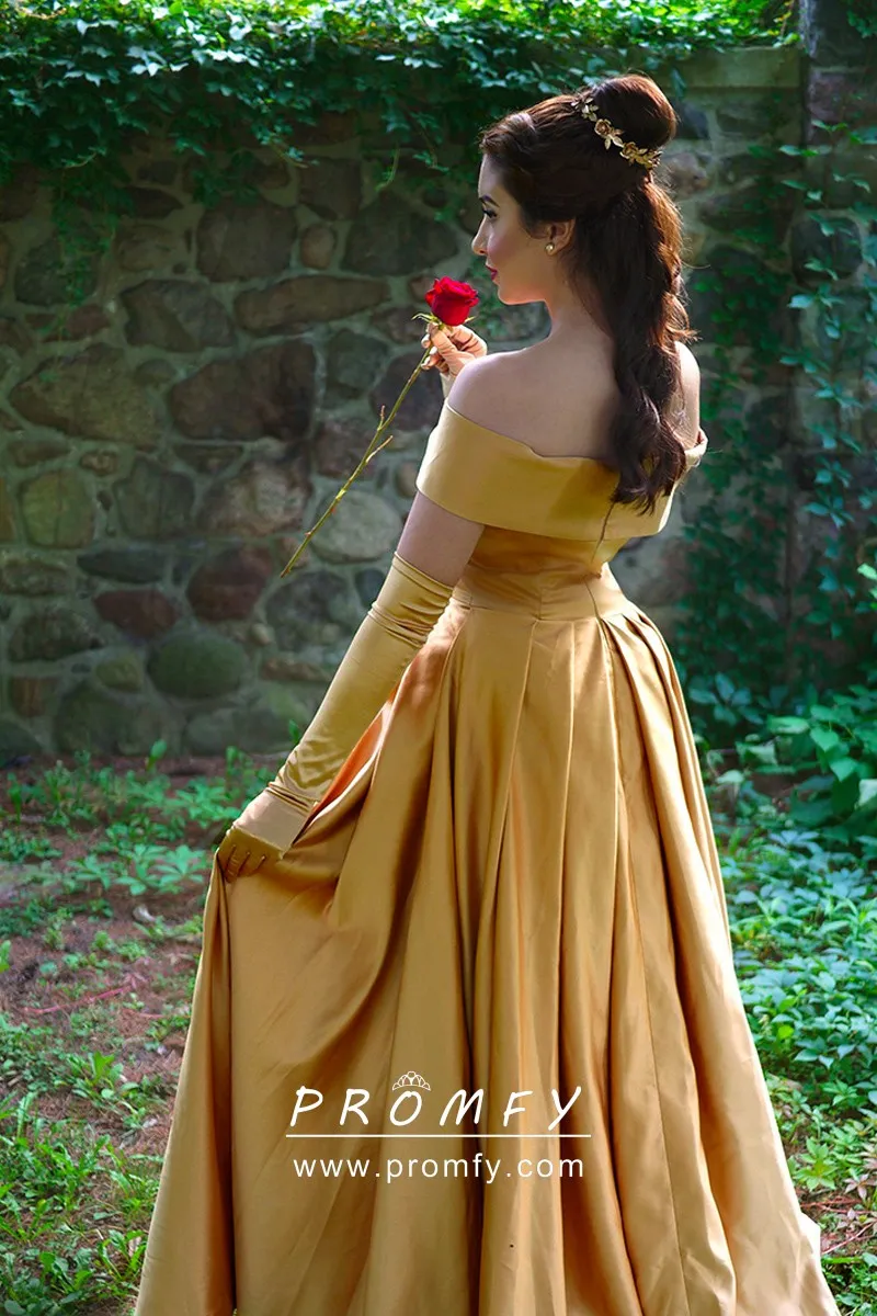 Belle Gold Satin Off-the-shoulder Princess Gown - Promfy