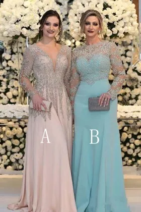 Fashionable beaded blush or blue long formal dresses