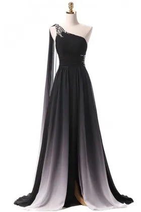 beaded black to white ombre one shoulder long bridesmaid dress