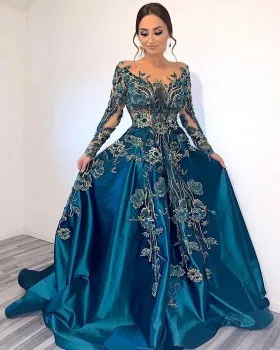 Floral lace appliqued peacock blue long prom dress