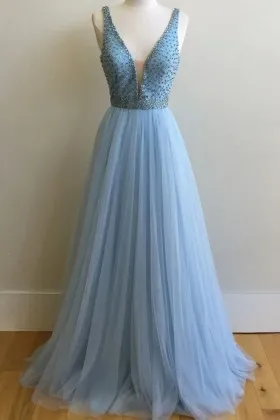 Pearled Carolina Blue Satin Tulle Formal Dress