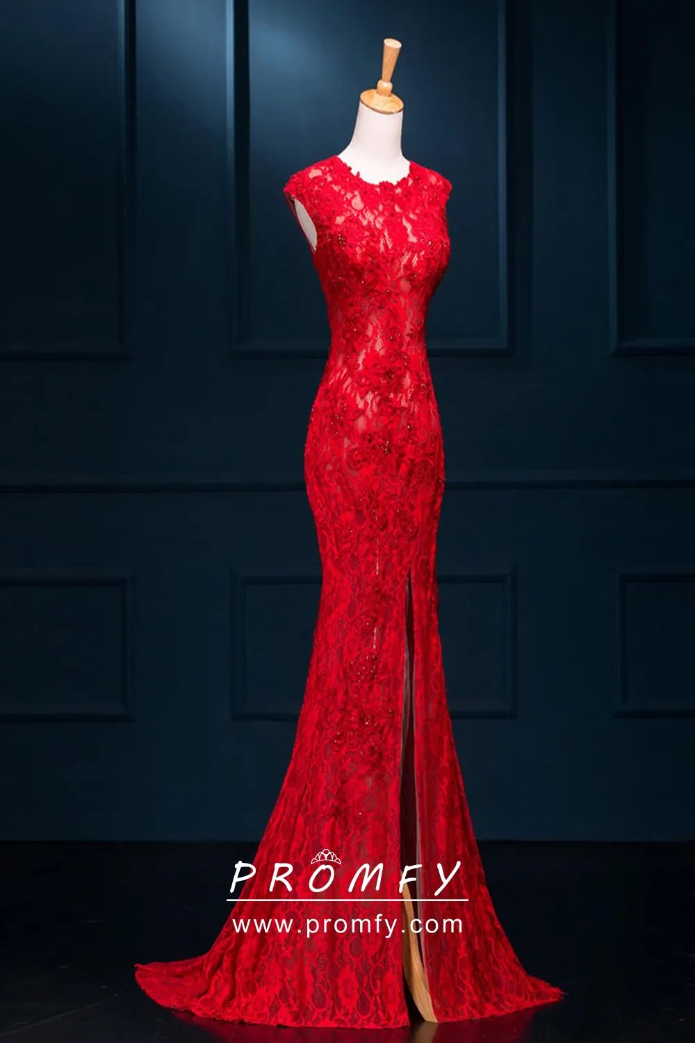 Cap Sleeve Red Lace Mermaid Slit Evening Dress - Promfy