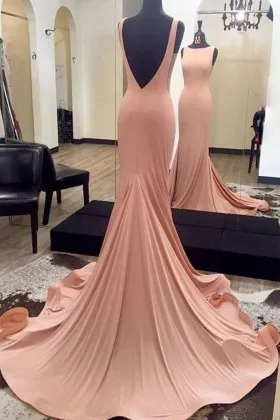 nude pink spandex low v back long train prom dress