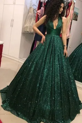 emerald green glitter plunging neck prom ball gown