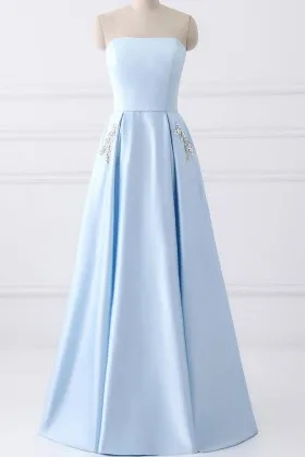 baby blue satin beaded pockets strapless prom dress