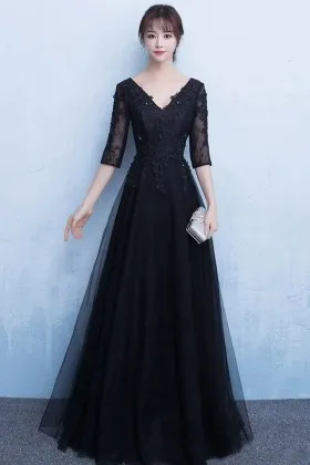 black lace tulle illusion half sleeves evening dress