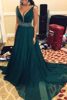 plunging neckline dark green beaded belt prom dress