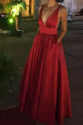 red satin plunging neck sleeveless sexy prom dress with pockets