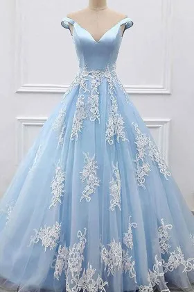 sky blue V neck lace appliqued tulle prom ball gown