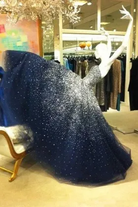 sparkly beaded space blue strapless tulle prom gown
